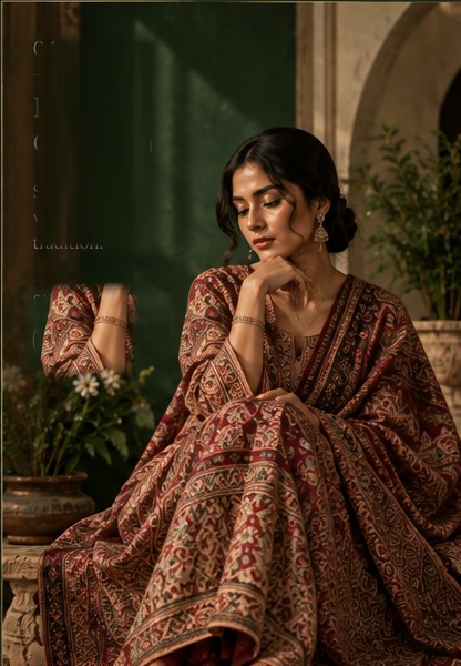 Kalamkari Silk Saree, Madder Red